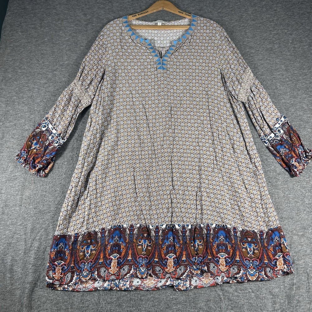 Umgee 1X Boho Dress Tunic Embroidered Puff Long Sleeve Fall Smocked Sleeve Aztec